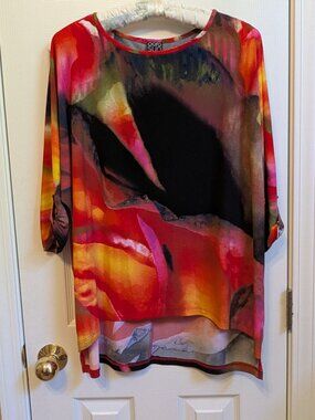 Clara Sunwoo Abstract Watercolor Tunic Top High Low Red Orange Black L